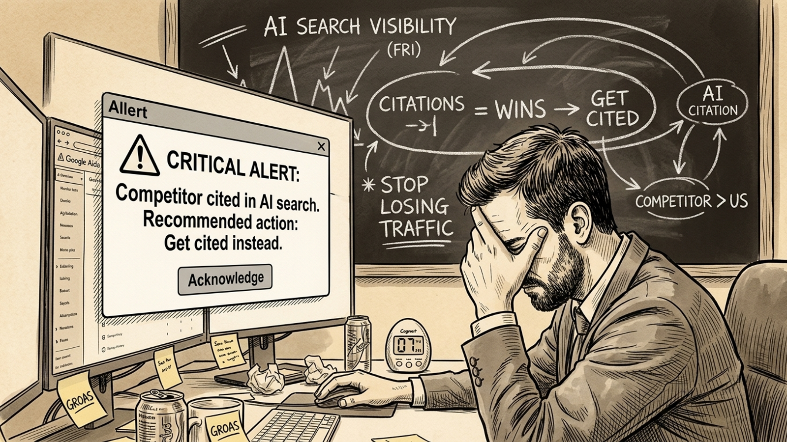 Editorial cartoon of an executive reading an alert that says a competitor was cited and recommends getting cited instead.